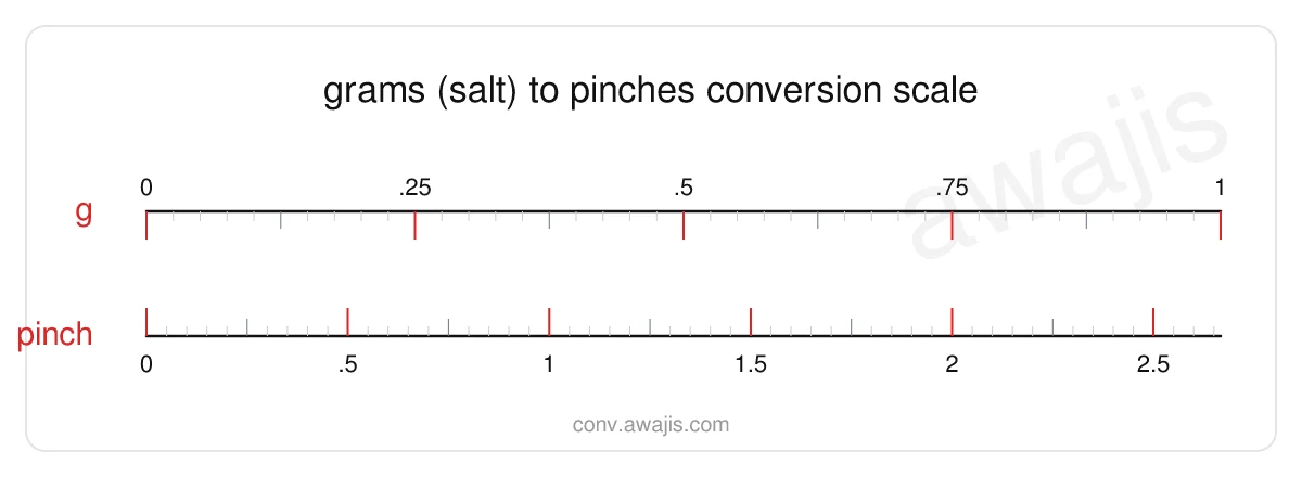 Grams (Salt) to Pinches conversion scale — a dual ruler showing 1 g equals 2.6667 pinch.