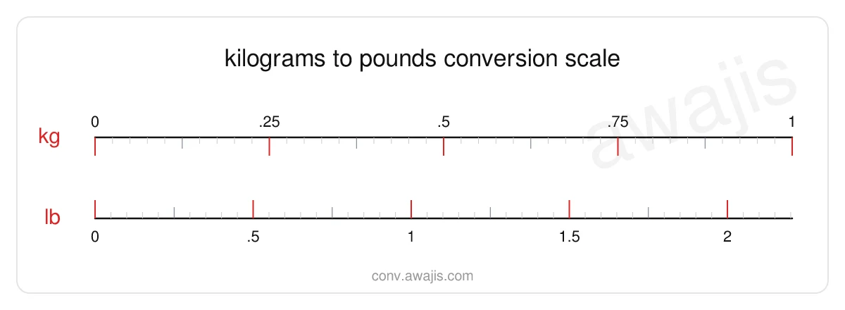 Kilograms to Pounds conversion scale — a dual ruler showing 1 kg equals 2.2046 lb.